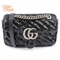 Gucci GG Marmont Medium Sequin Chain Shoulder Bag Black Rank S