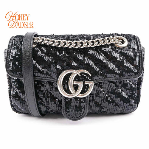 Gucci GG Marmont Medium Sequin Chain Shoulder Bag Black Rank S