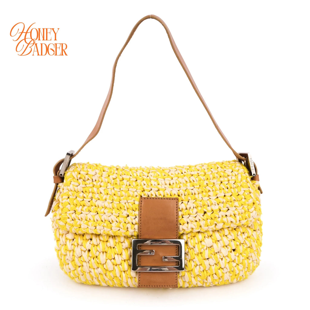Fendi Mamma Baguette Raffia Crochet Yellow Brown Shoulder Bag Rank AB
