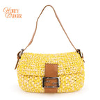 Fendi Mamma Baguette Raffia Crochet Yellow Brown Shoulder Bag Rank AB