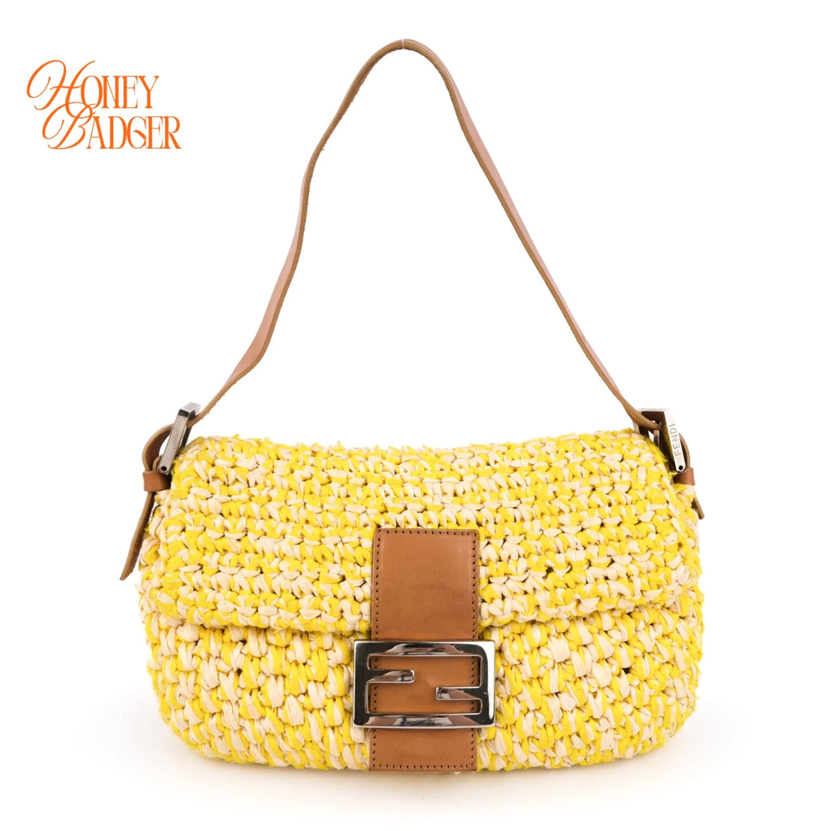 Fendi Mamma Baguette Raffia Crochet Yellow Brown Shoulder Bag Rank AB