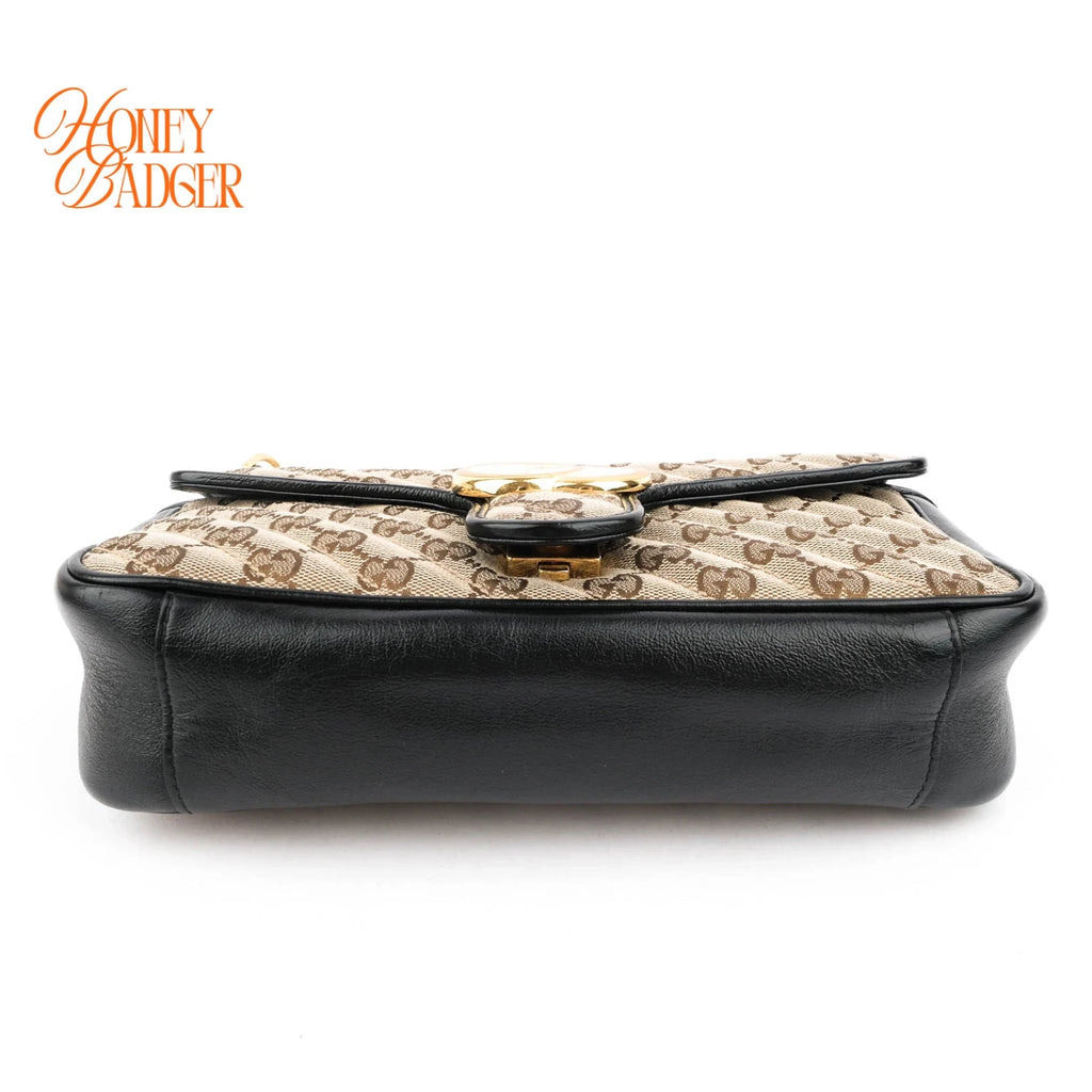 Gucci GG Marmont Small Shoulder Bag Original GG Canvas Beige/Ebony Black Leather Gold Hardware Rank A