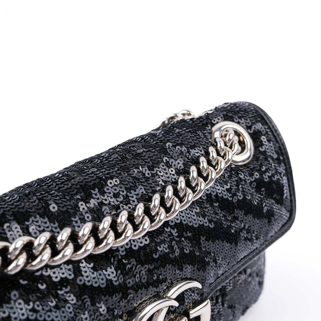 Gucci GG Marmont Medium Sequin Chain Shoulder Bag Black Rank S