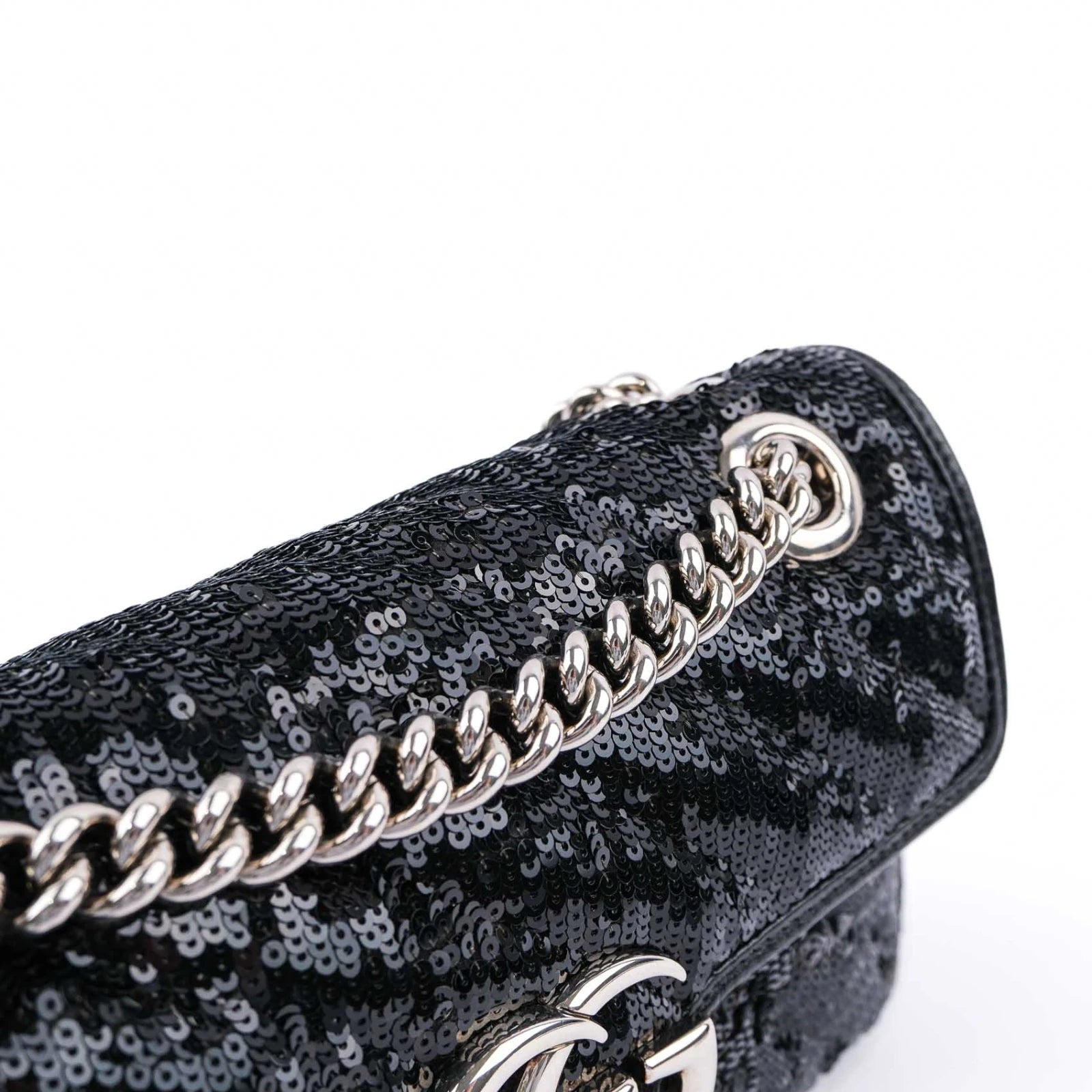 Gucci GG Marmont Medium Sequin Chain Shoulder Bag Black Rank S