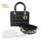 Dior Lady Dior Medium Cannage Lambskin Black Pale Gold Hardware Rank A