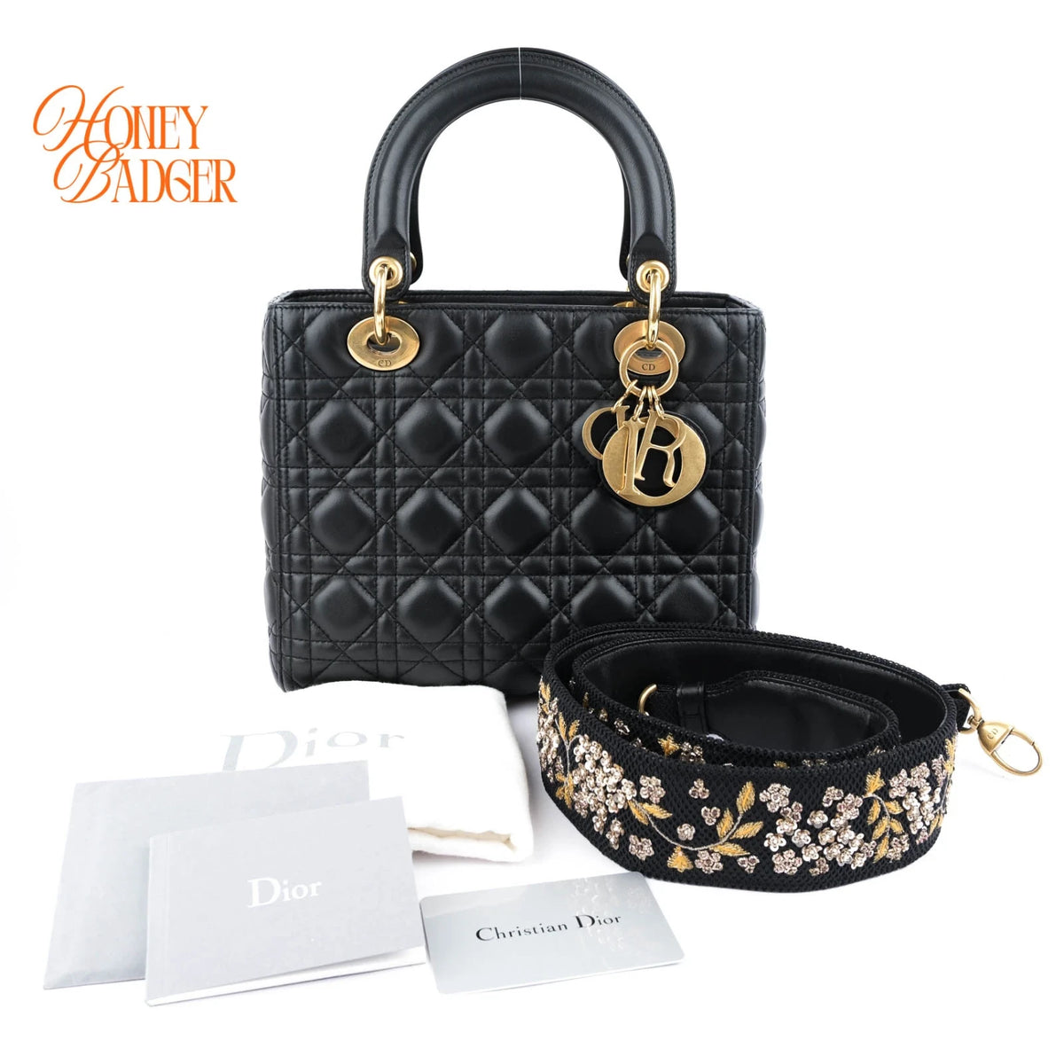Dior Lady Dior Medium Cannage Lambskin Black Pale Gold Hardware Rank A