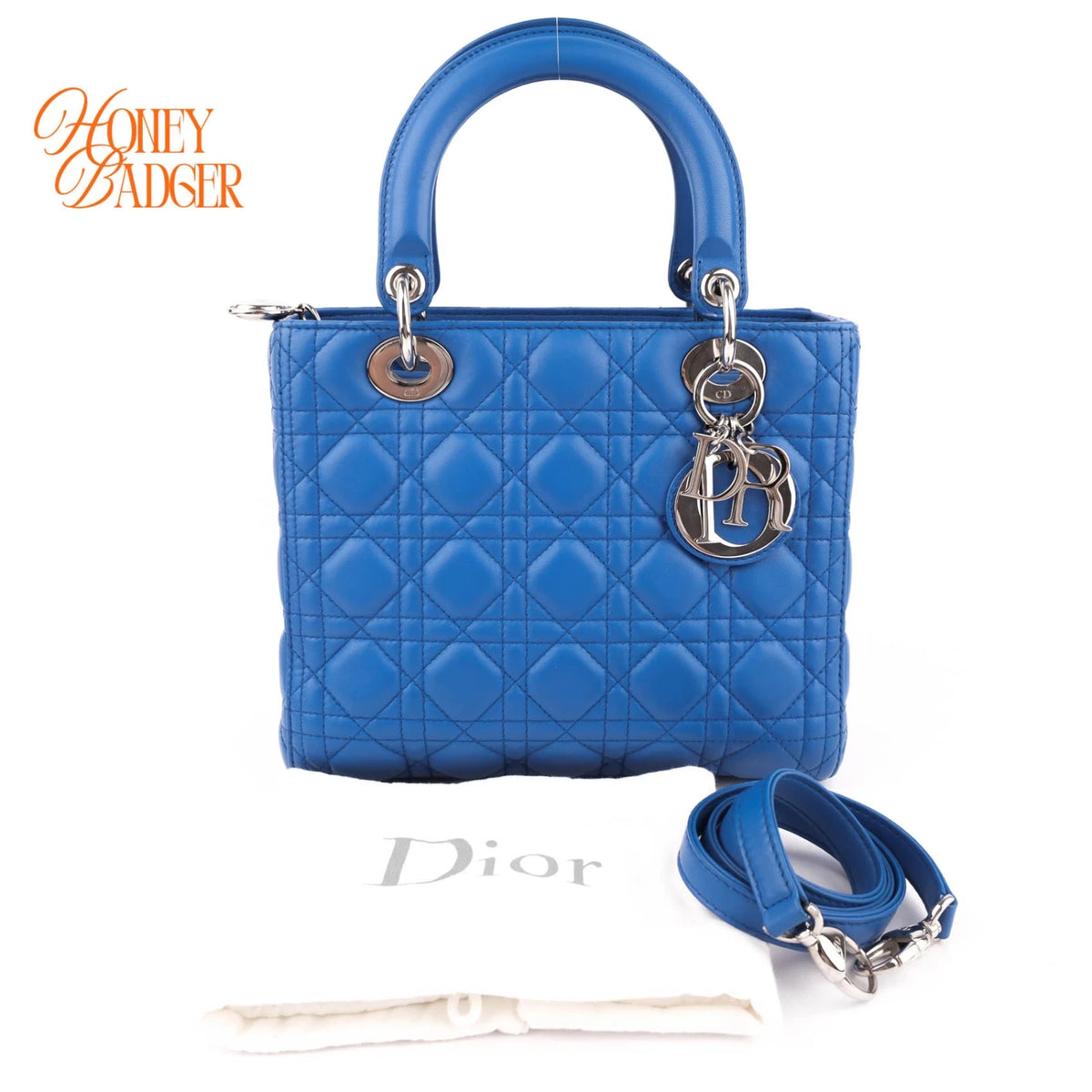 Dior Lady Dior Medium Lambskin Blue Silver Hardware Rank A