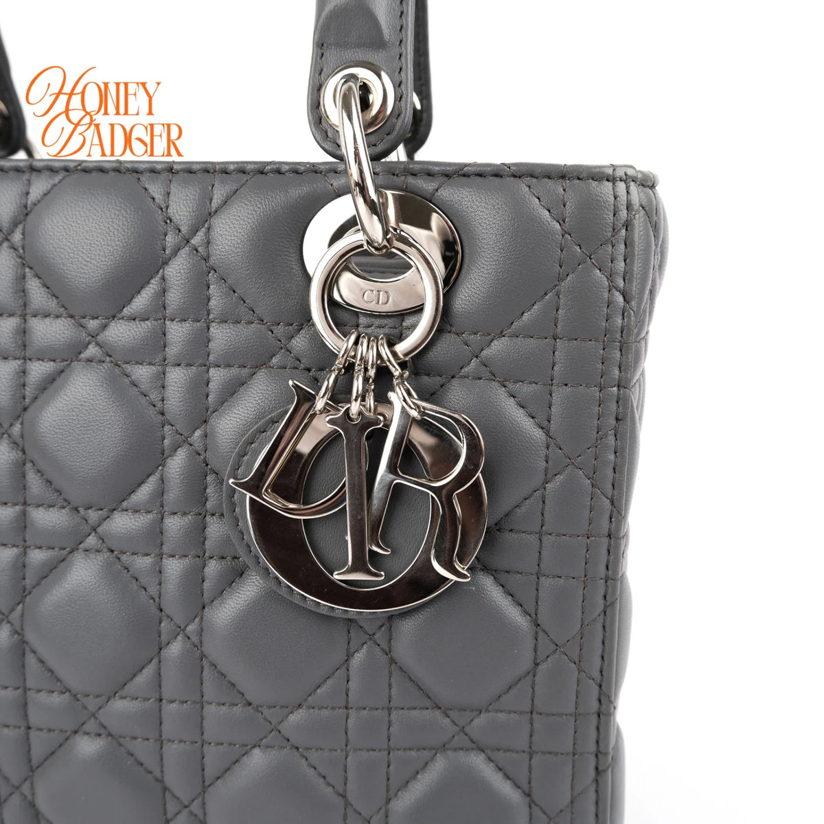 Dior Lady Dior Medium Grey Cannage Leather 2-Way Bag Rank AB
