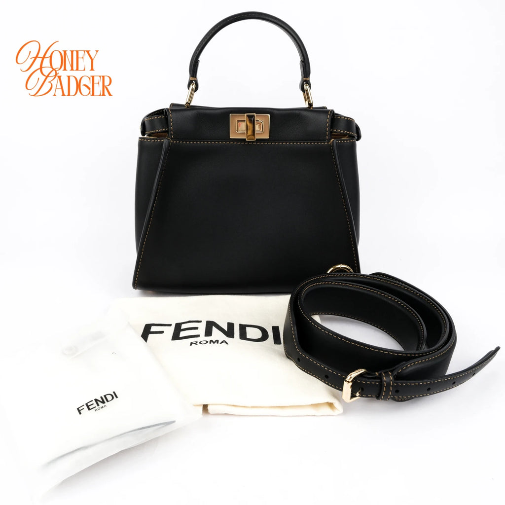 Fendi Peekaboo Iconic Mini Leather Black/Yellow Stitch Rank A
