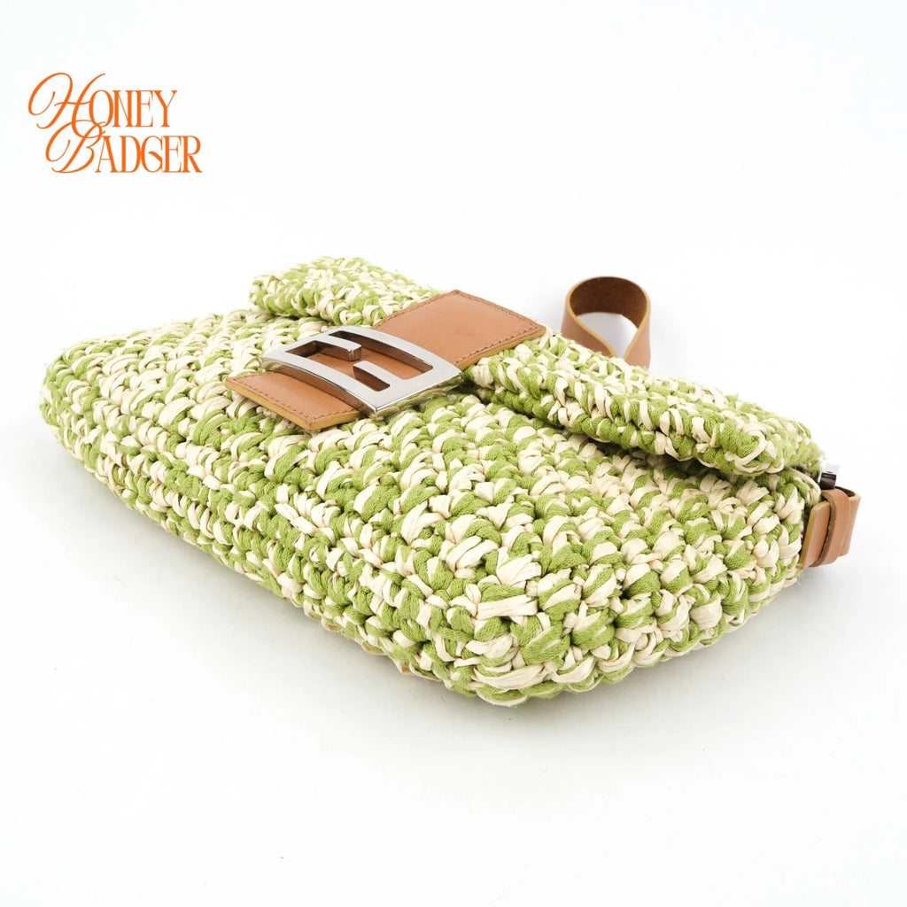 Fendi Vintage Baguette 16059 Woven Raffia Green & Natural Silver Hardware Rank A