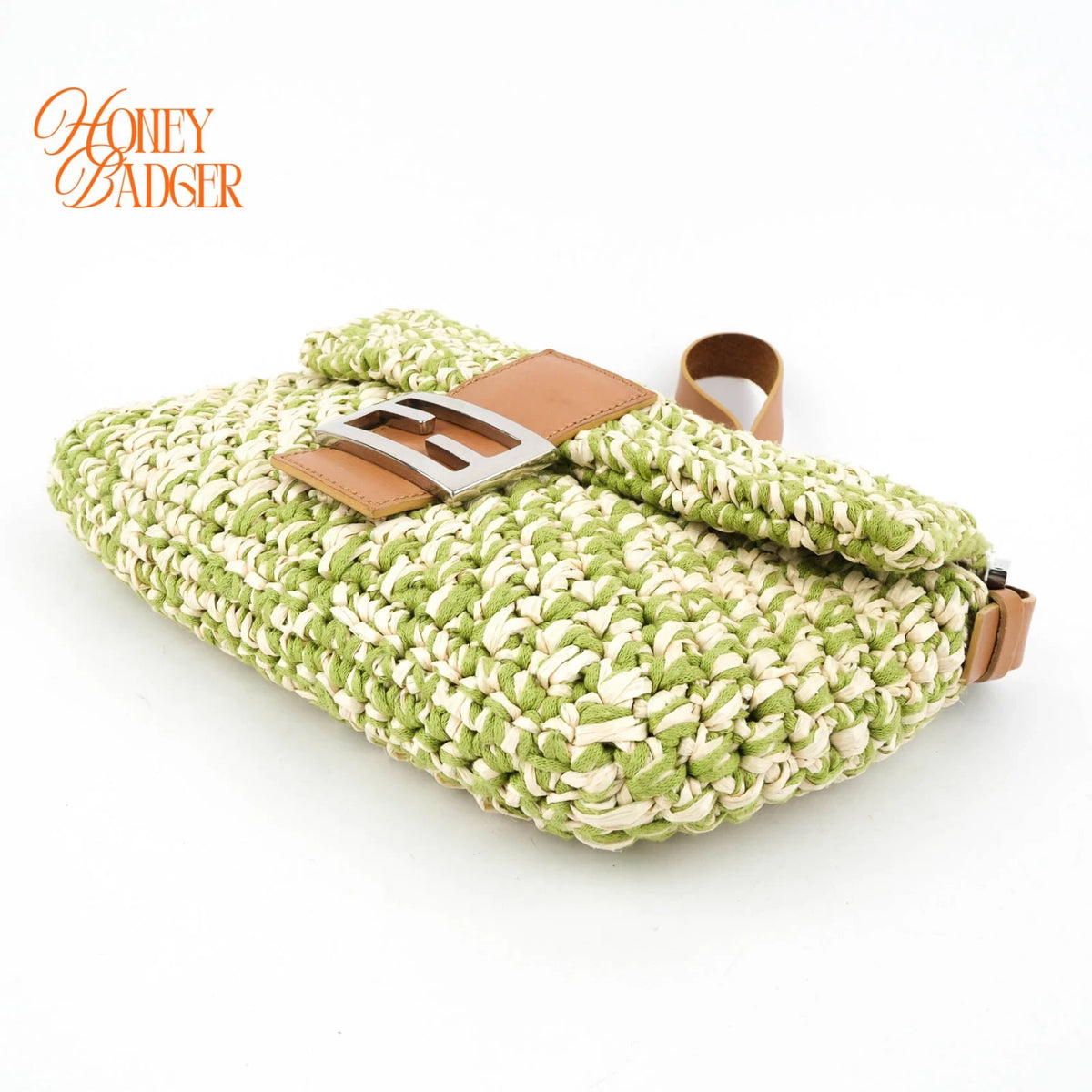 Fendi Vintage Baguette 16059 Woven Raffia Green & Natural Silver Hardware Rank A