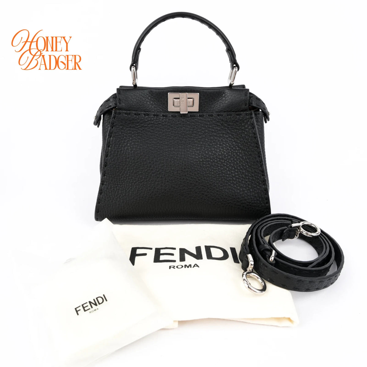 Fendi Peekaboo Mini Selleria Grained Leather Black Rank A