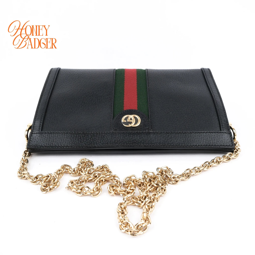 Gucci Ophidia Black Leather Web Chain Shoulder Bag Rank A