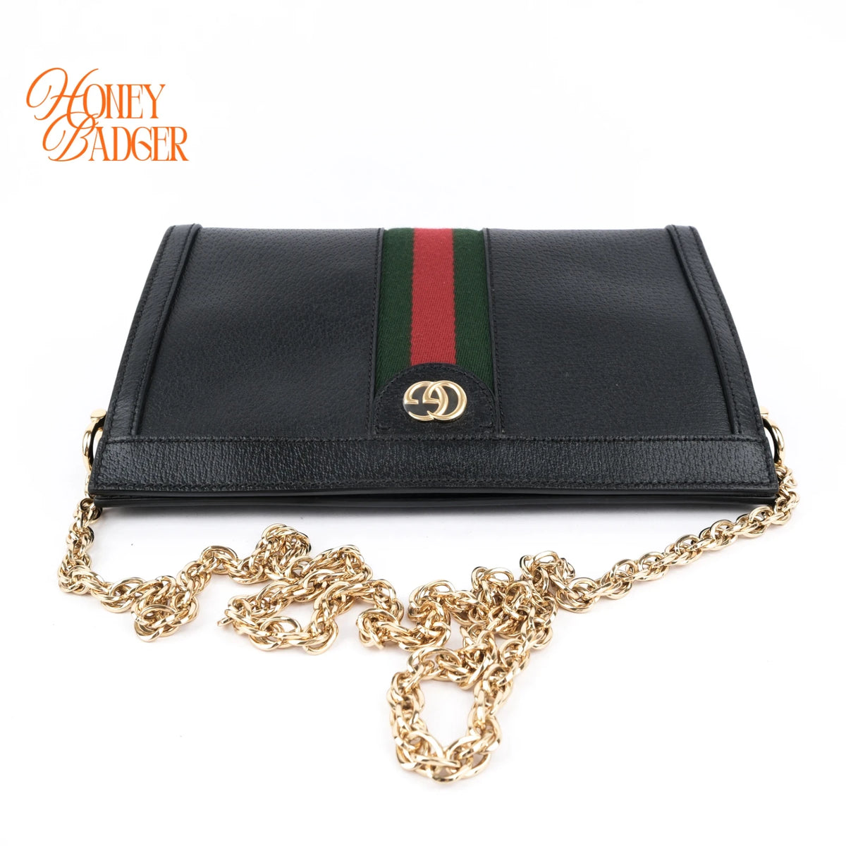 Gucci Ophidia Black Leather Web Chain Shoulder Bag Rank A