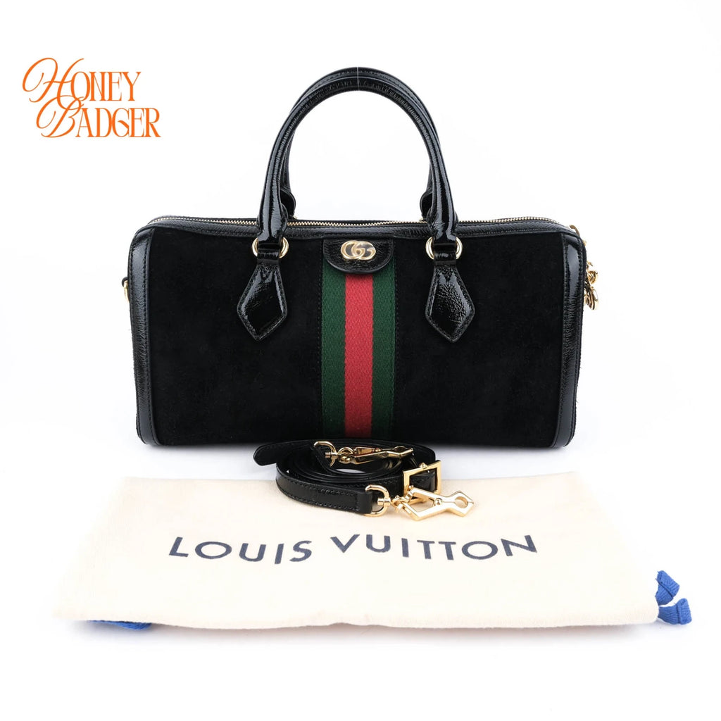 Gucci Ophidia Medium Boston Bag Suede Black Patent Leather Gold Hardware Rank A