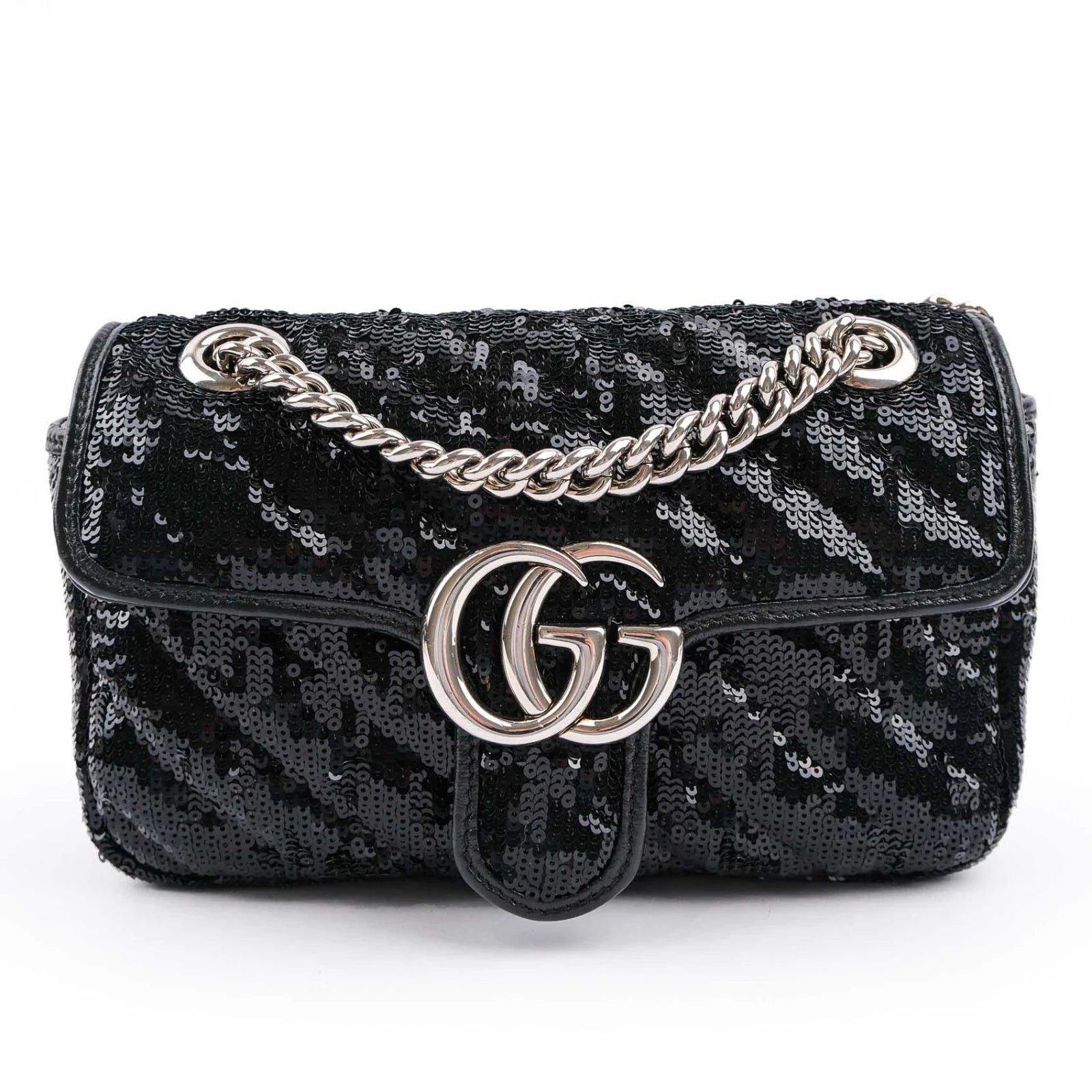 Gucci GG Marmont Medium Sequin Chain Shoulder Bag Black Rank S