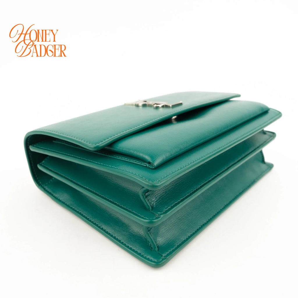 Saint Laurent Sunset Medium Smooth Calfskin Teal Silver Hardware Rank A
