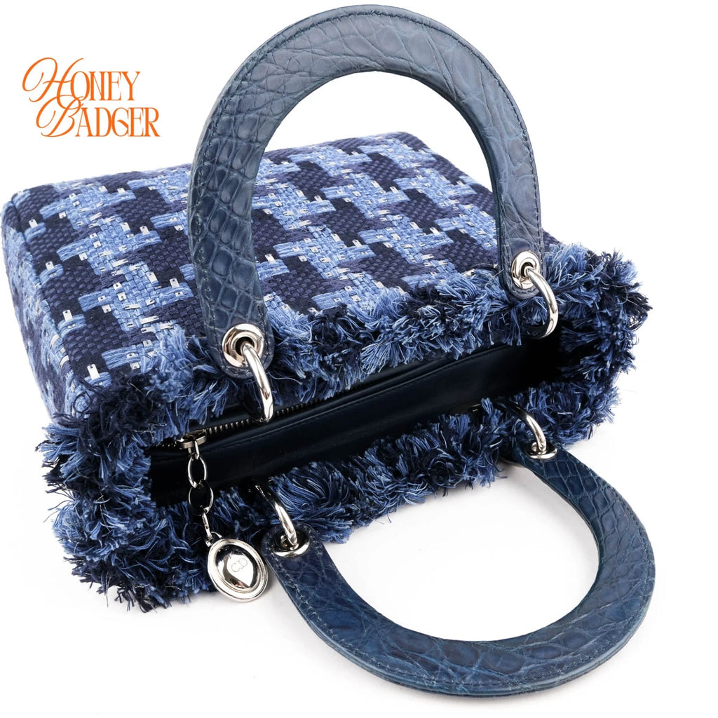 Dior Lady Dior Medium Tweed Navy Blue Silver Hardware Rank A