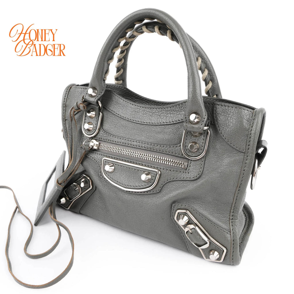 Balenciaga Classic Mini City Grey Leather 2WAY Shoulder Bag Mirror Included 390160