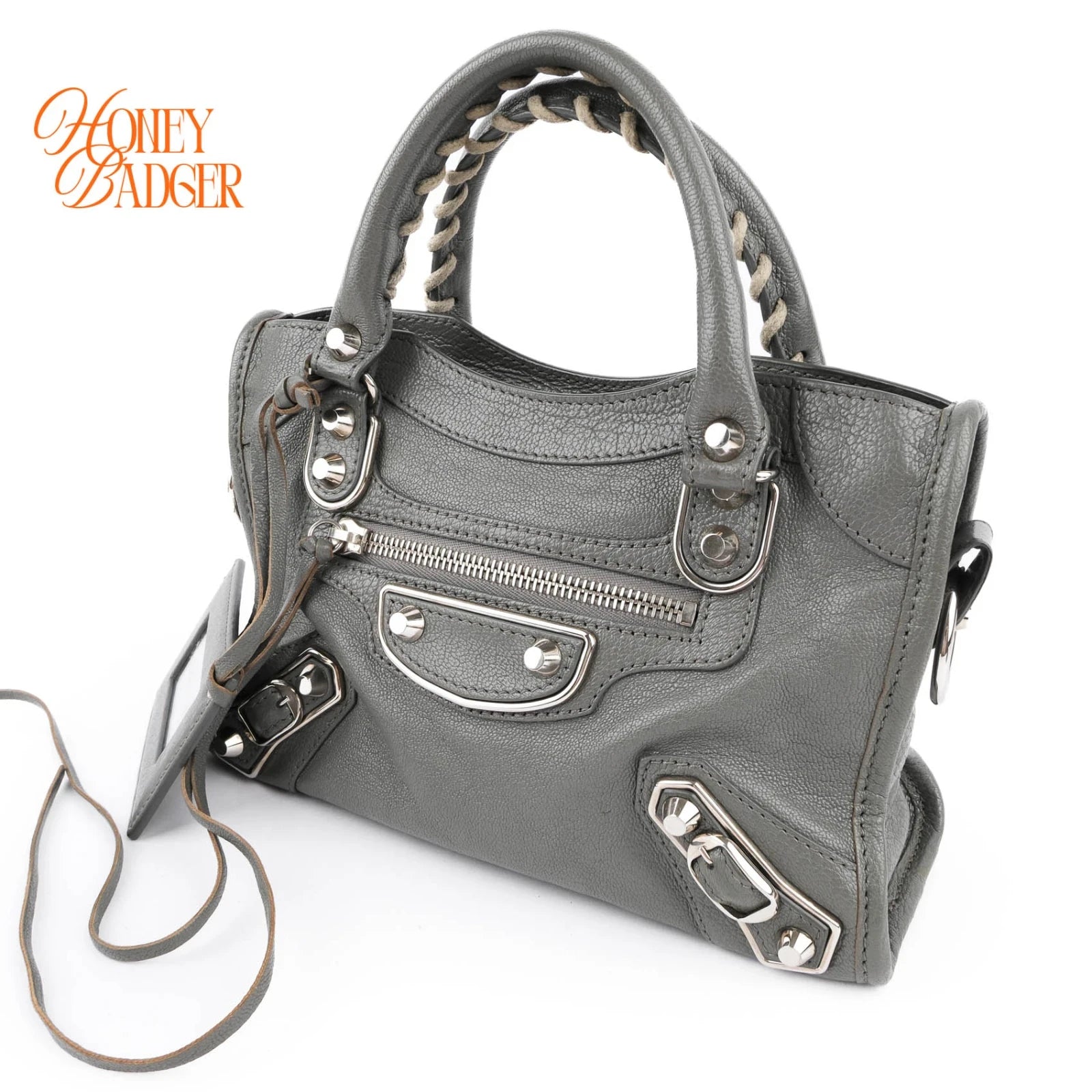 Balenciaga Classic Mini City Grey Leather 2WAY Shoulder Bag Mirror Included 390160