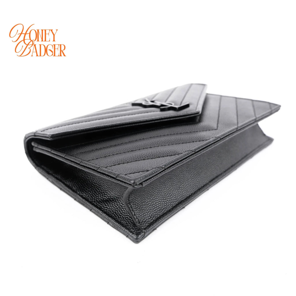 Saint Laurent Cassandre Envelope Chain Wallet Grain de Poudre Leather Black Matte Black Hardware Rank A