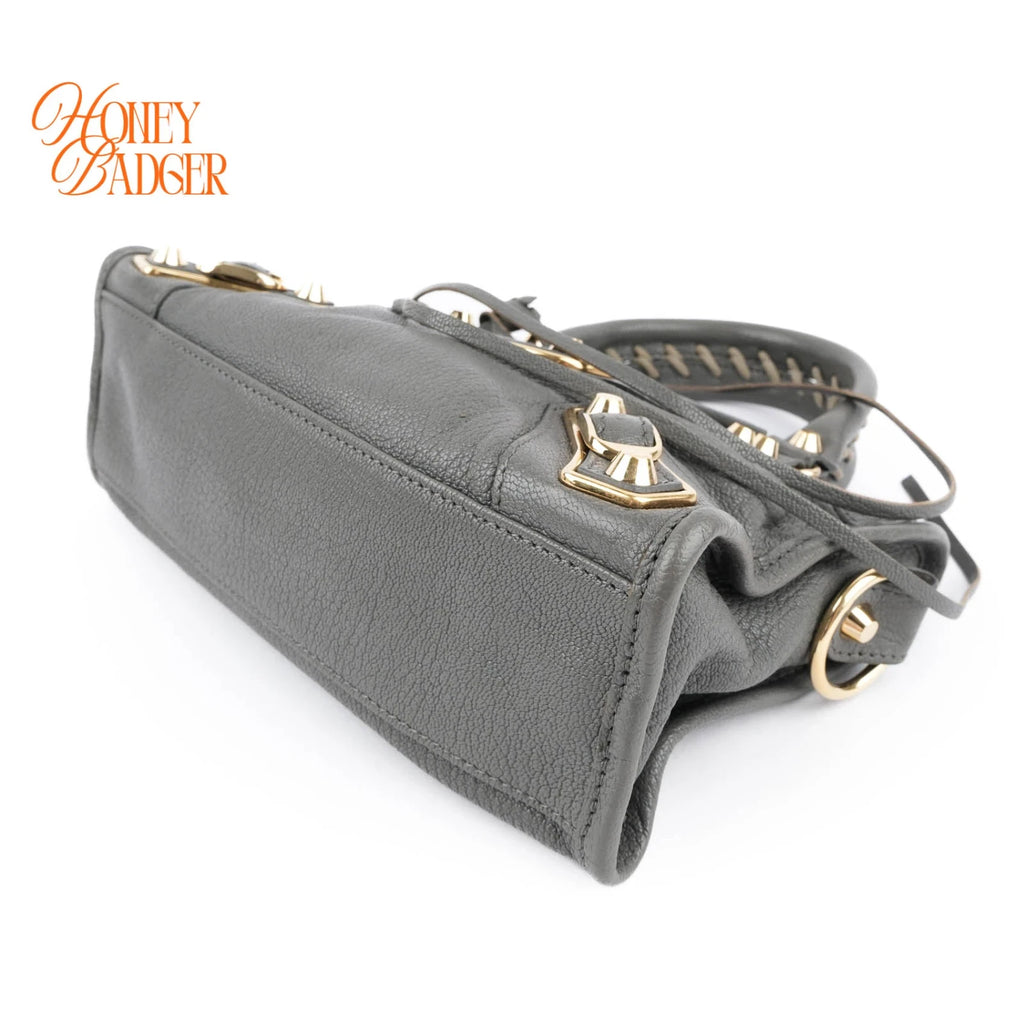 Balenciaga Classic Mini City Grey Leather 2WAY Handbag Gold Edge Studs 390160