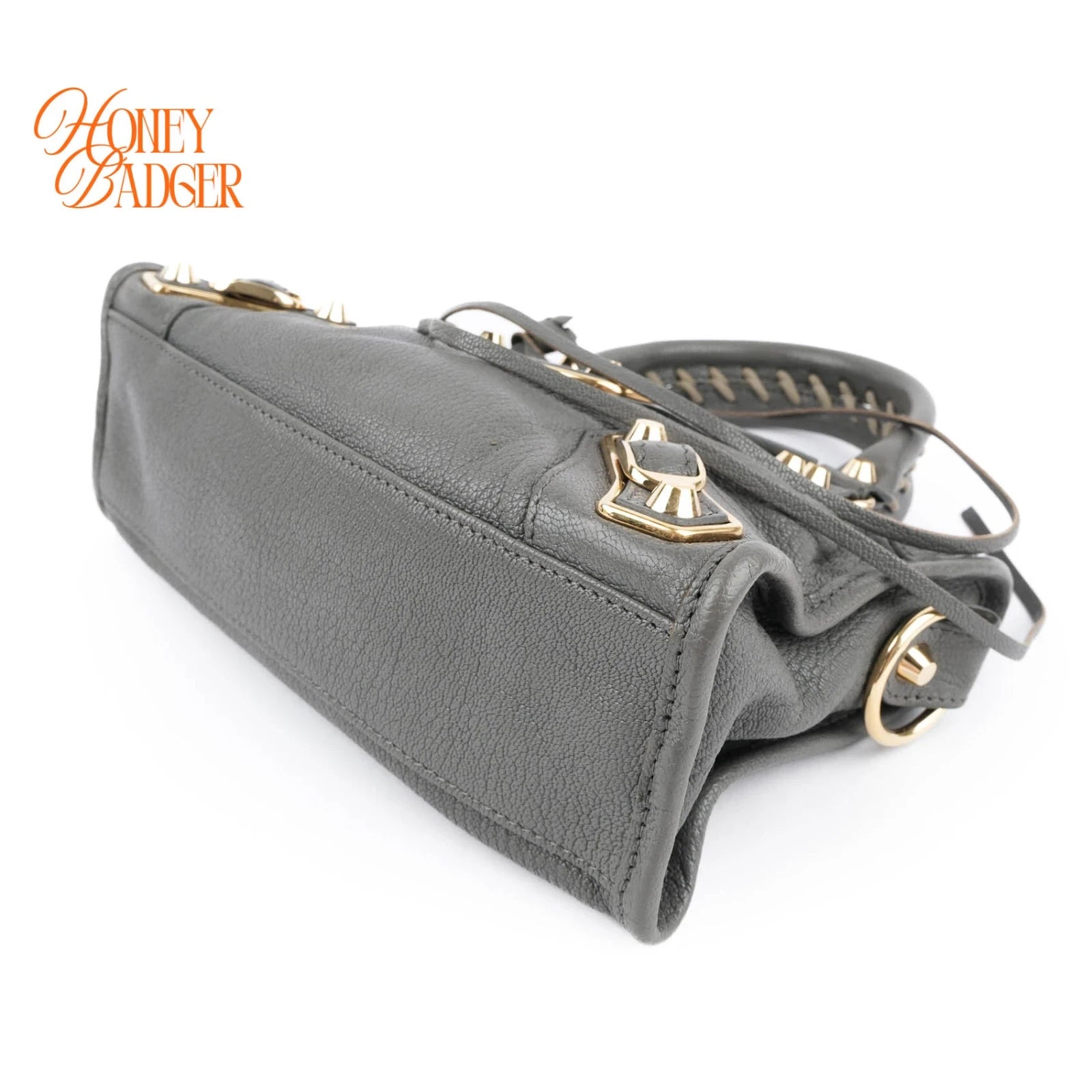 Balenciaga Classic Mini City Grey Leather 2WAY Handbag Gold Edge Studs 390160