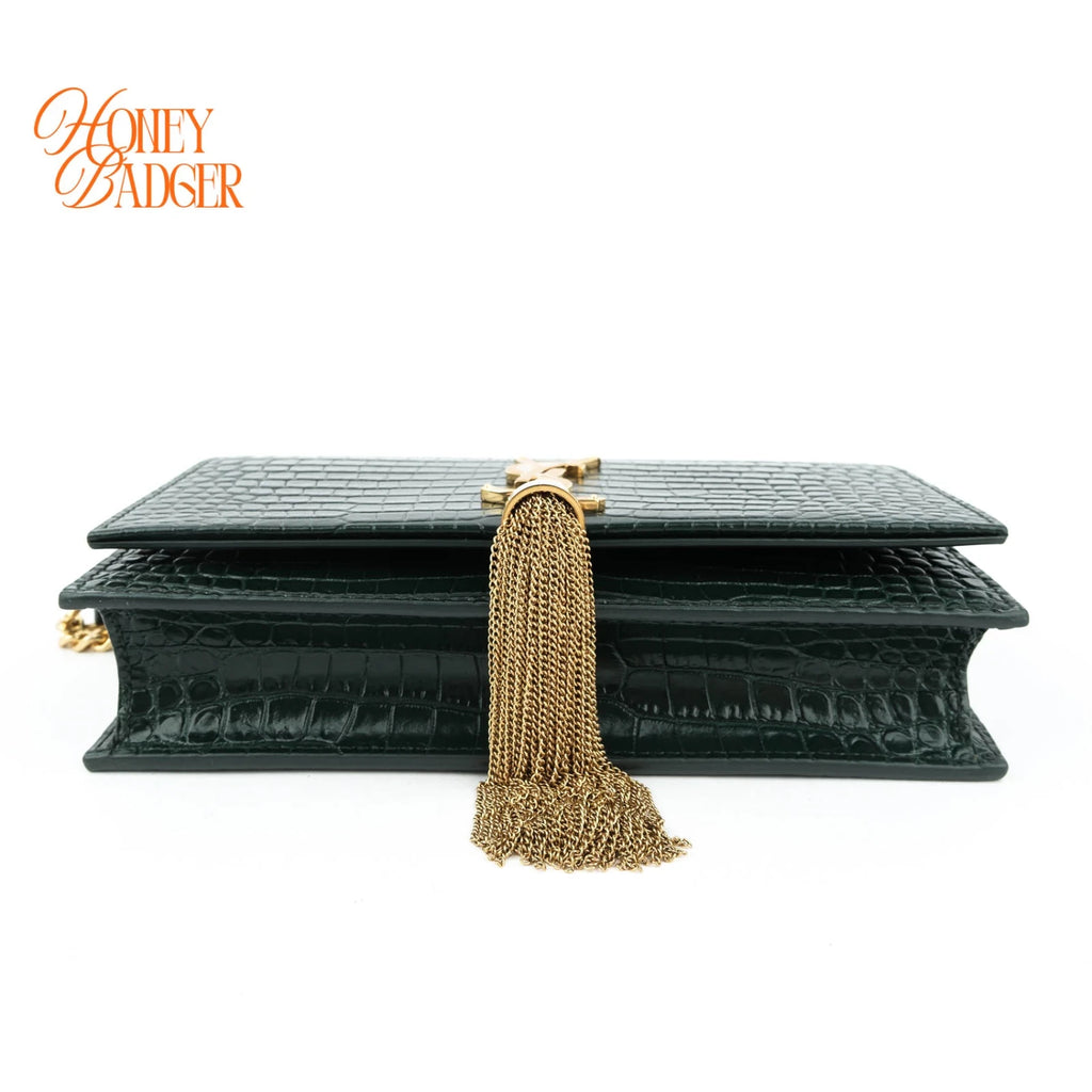 Saint Laurent Kate Tassel Small Croc-Embossed Leather Green Rank A