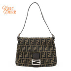 Fendi Mamma Baguette Zucca Canvas Brown Leather Silver Hardware Rank A