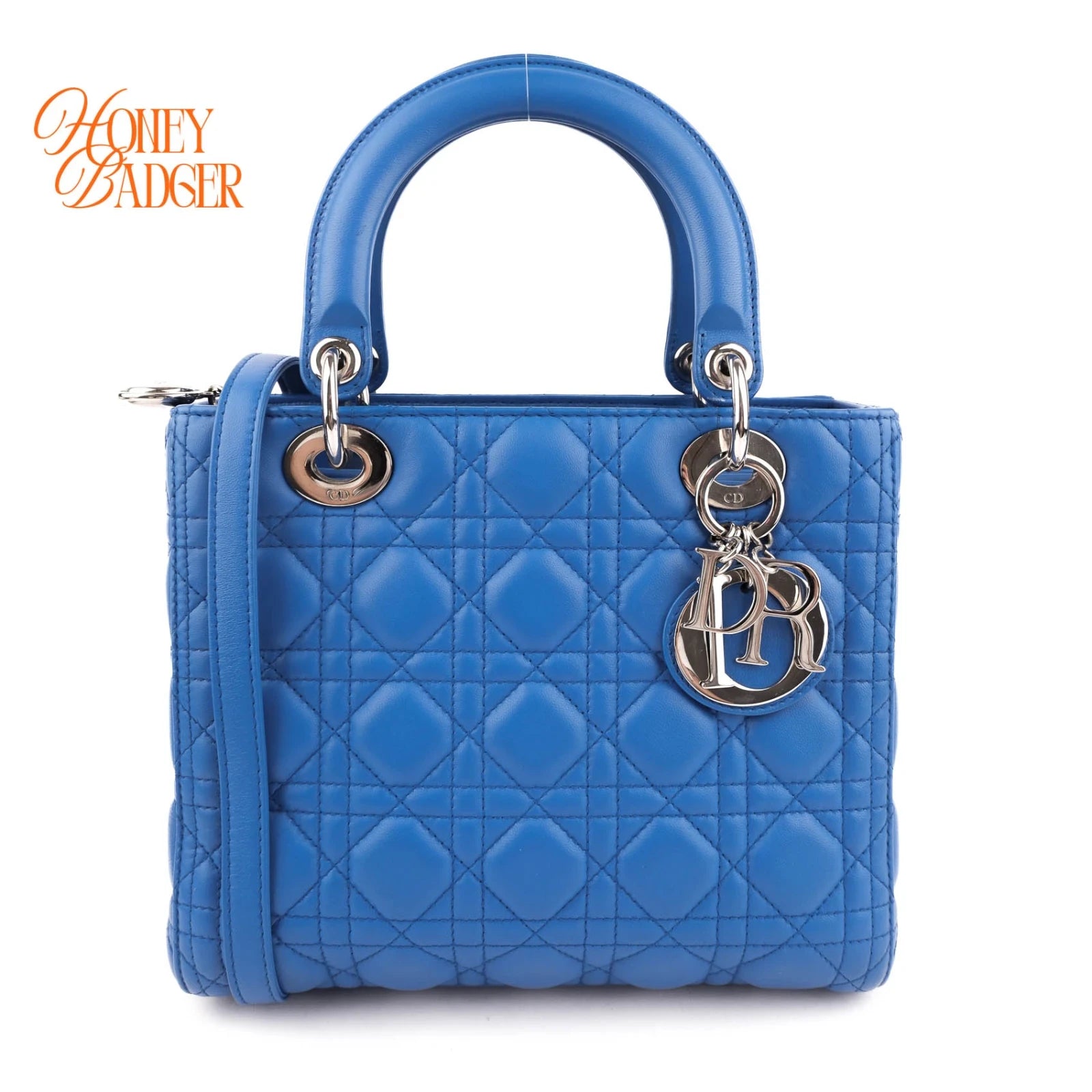 Dior Lady Dior Medium Lambskin Blue Silver Hardware Rank A