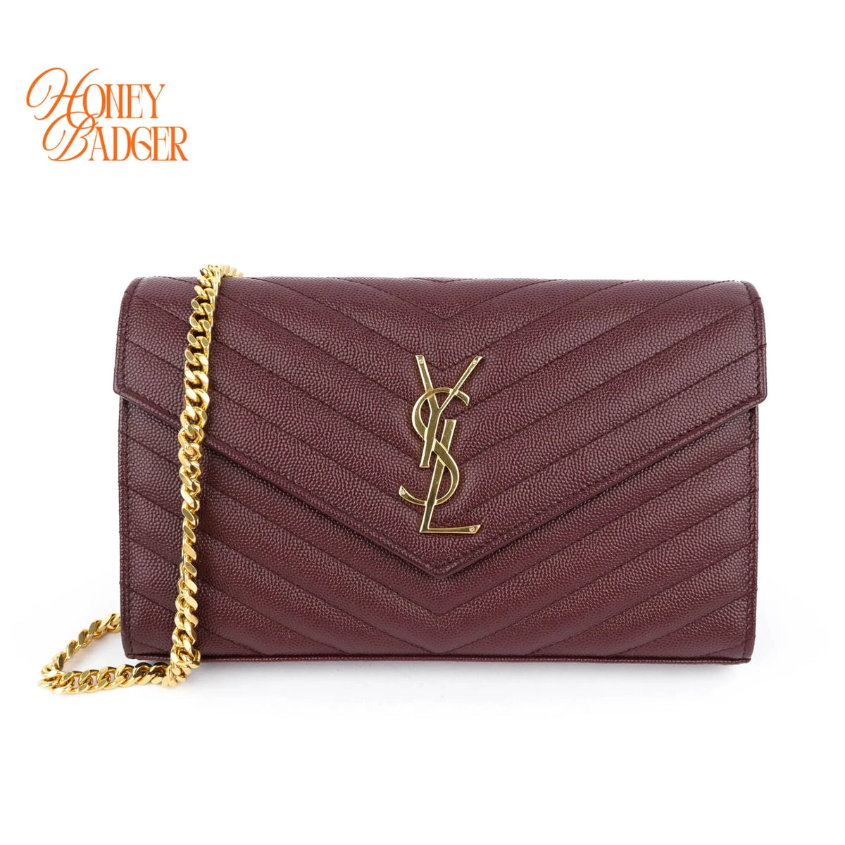 Saint Laurent Envelope Large Chain Wallet Caviar Leather Bordeaux Gold Hardware Rank A