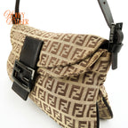 Fendi Zucchino FF Double Flap Baguette Canvas Shoulder Bag Rank B