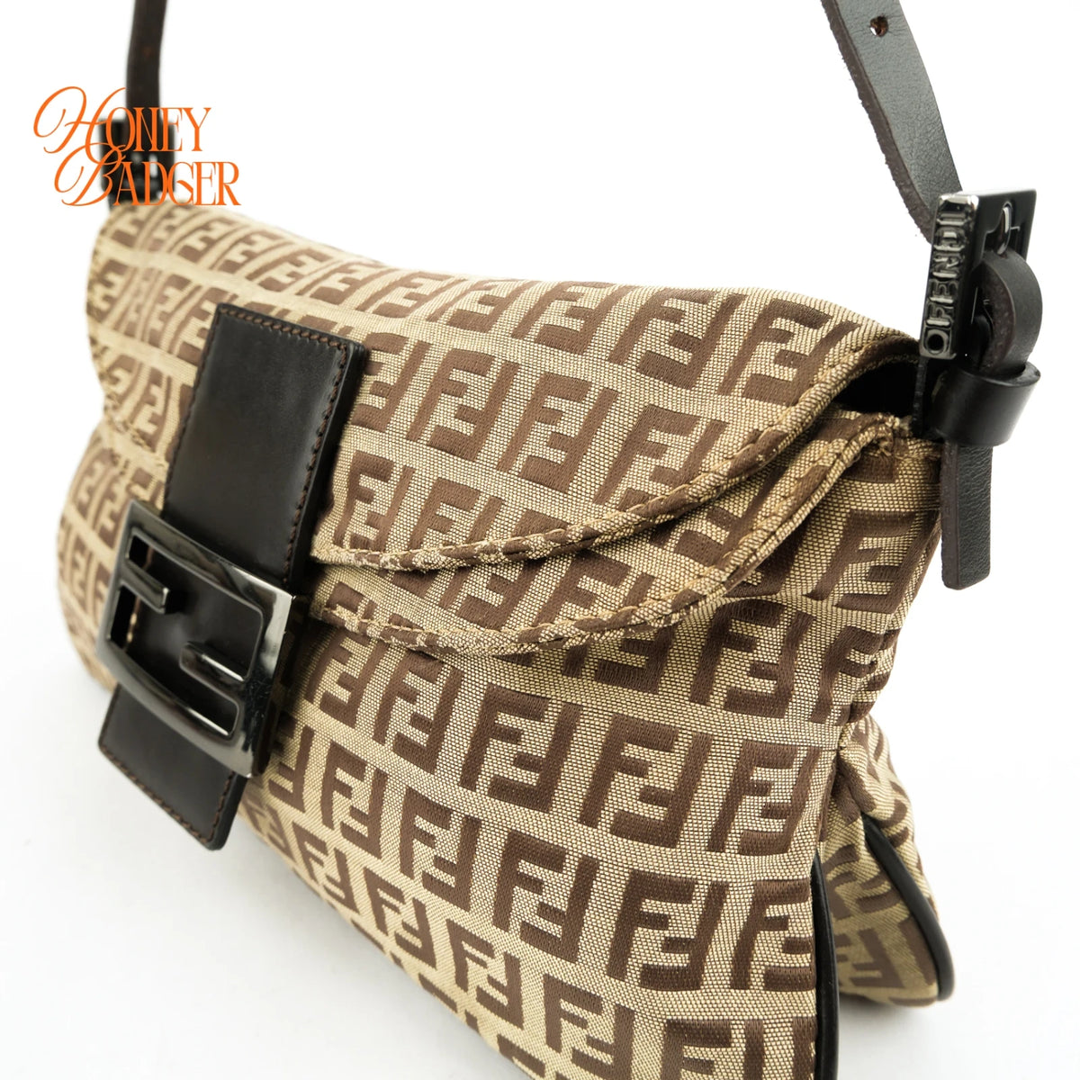 Fendi Zucchino FF Double Flap Baguette Canvas Shoulder Bag Rank B