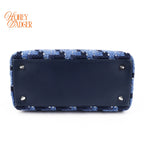 Dior Lady Dior Medium Tweed Navy Blue Silver Hardware Rank A