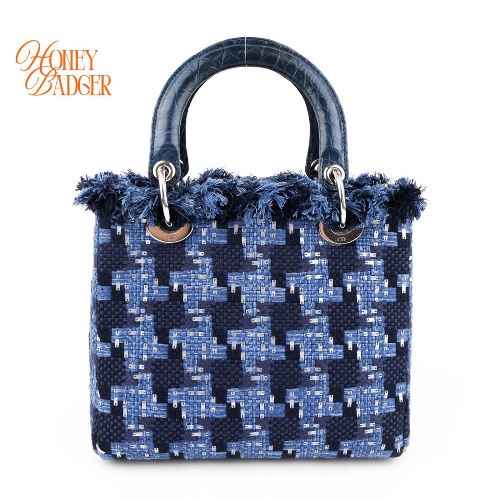 Dior Lady Dior Medium Tweed Navy Blue Silver Hardware Rank A