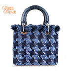 Dior Lady Dior Medium Tweed Navy Blue Silver Hardware Rank A