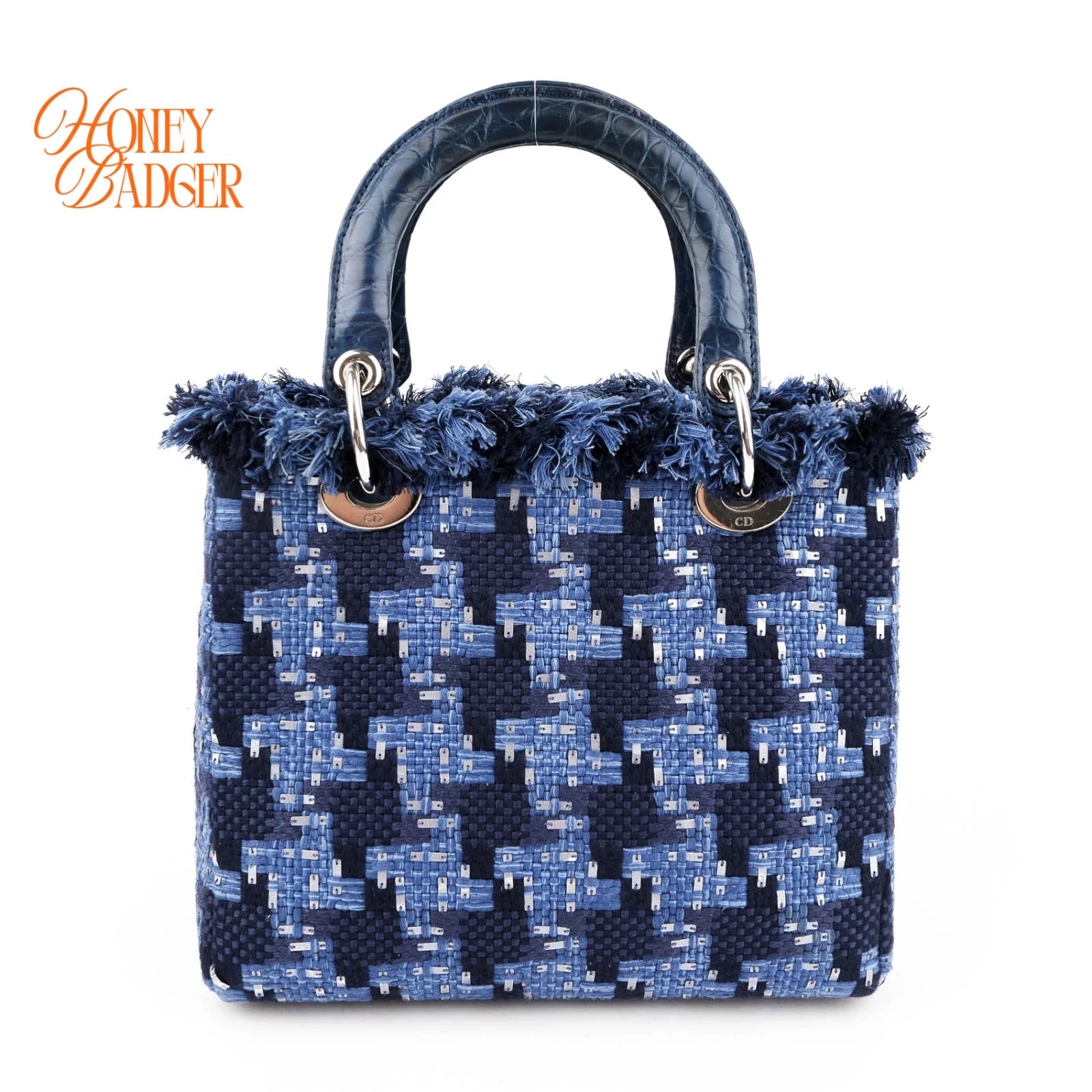 Dior Lady Dior Medium Tweed Navy Blue Silver Hardware Rank A