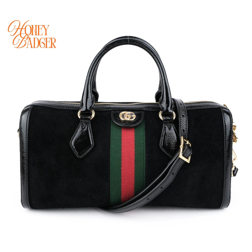 Gucci Ophidia Medium Boston Bag Suede Black Patent Leather Gold Hardware Rank A