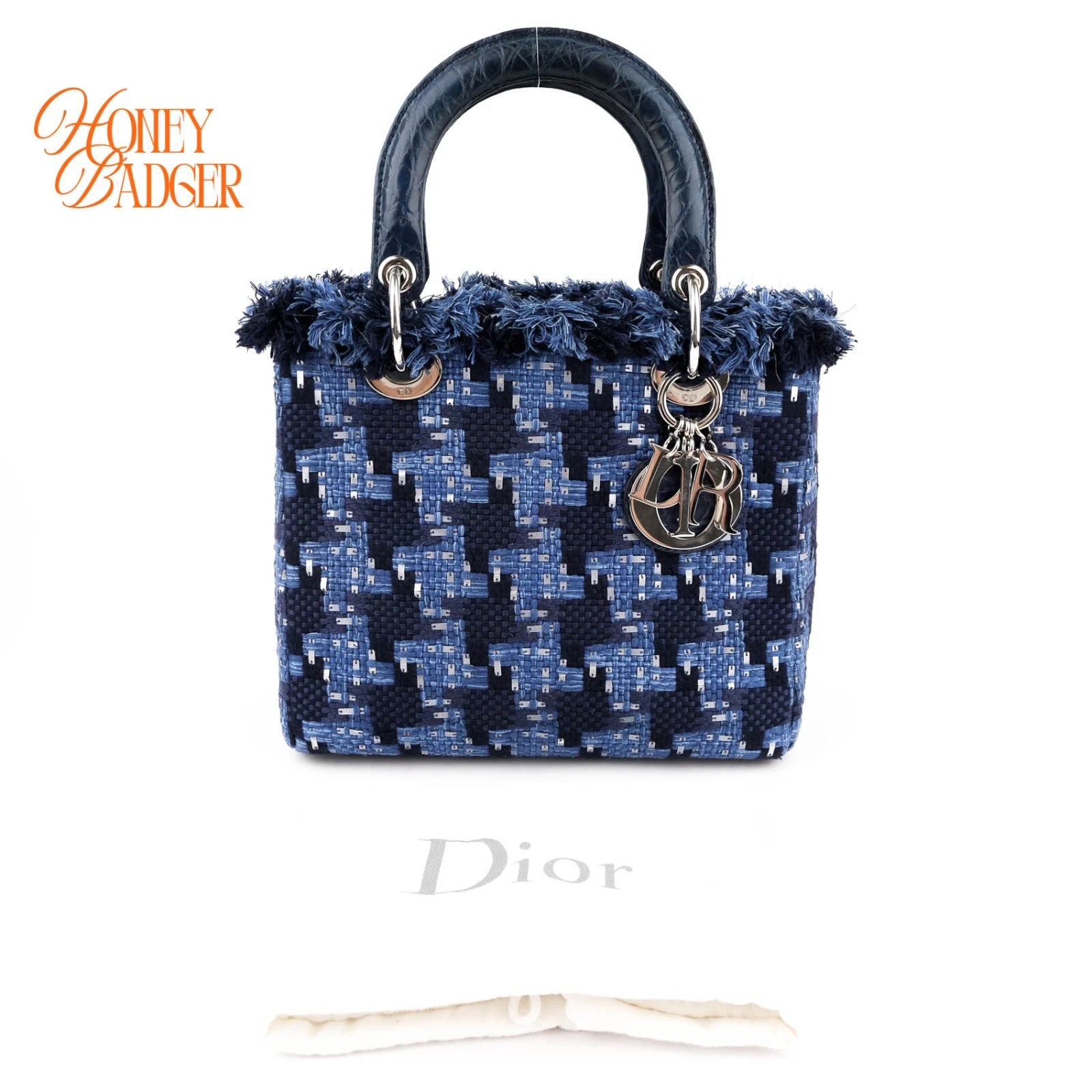 Dior Lady Dior Medium Tweed Navy Blue Silver Hardware Rank A
