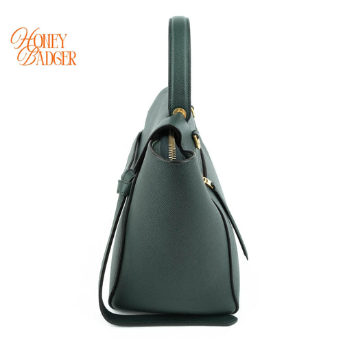 Celine Belt Bag Mini Grained Calfskin Amazone Dark Green Gold Hardware Rank AB