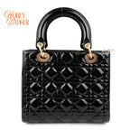 Dior Lady Dior Medium Cannage Patent Calfskin Black Gold Hardware Rank AB