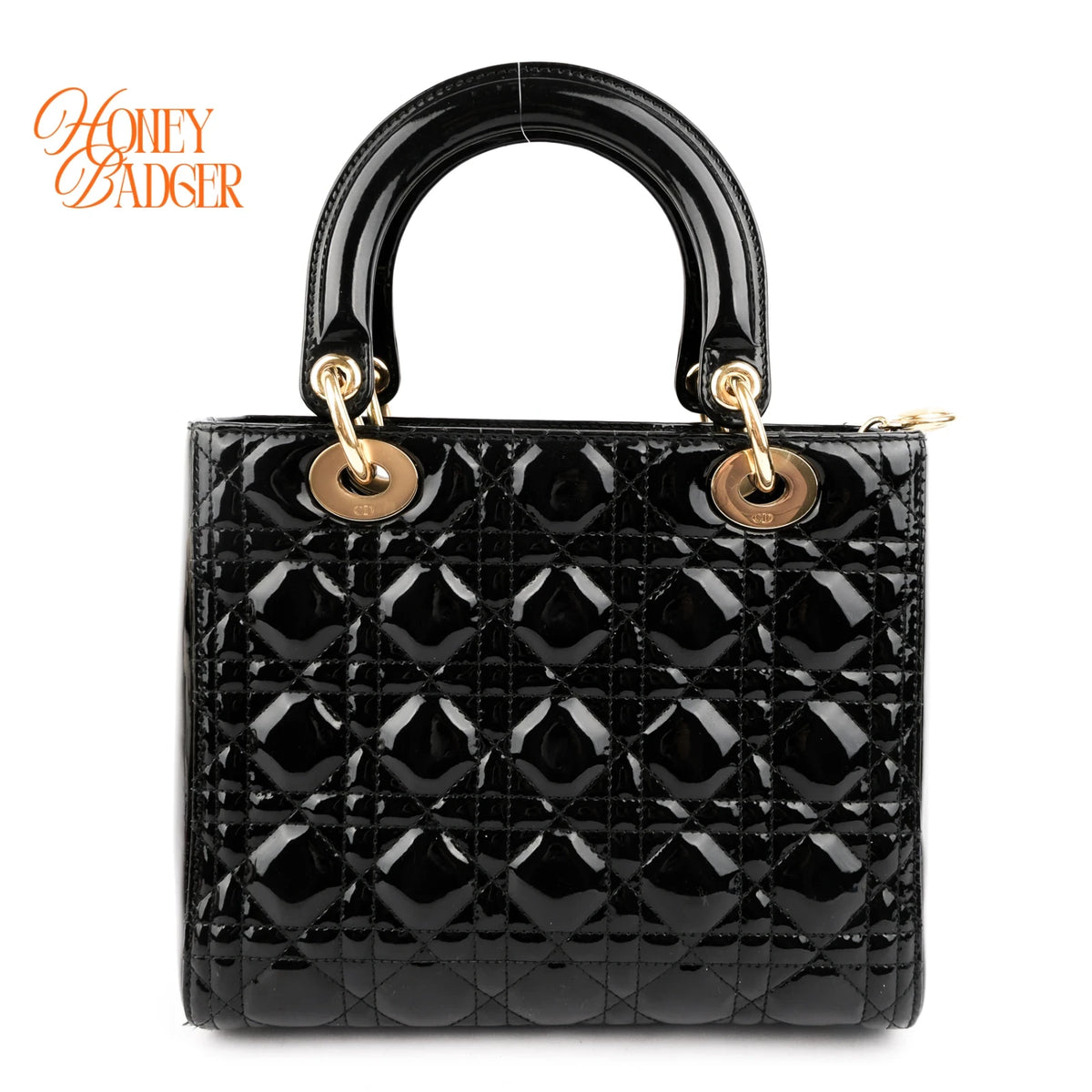 Dior Lady Dior Medium Cannage Patent Calfskin Black Gold Hardware Rank AB