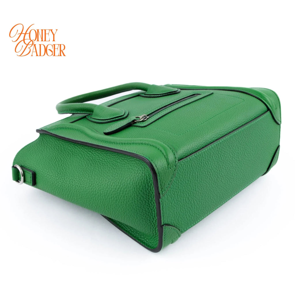 Celine Nano Luggage Bag Drummed Calfskin Green Silver Hardware Rank A