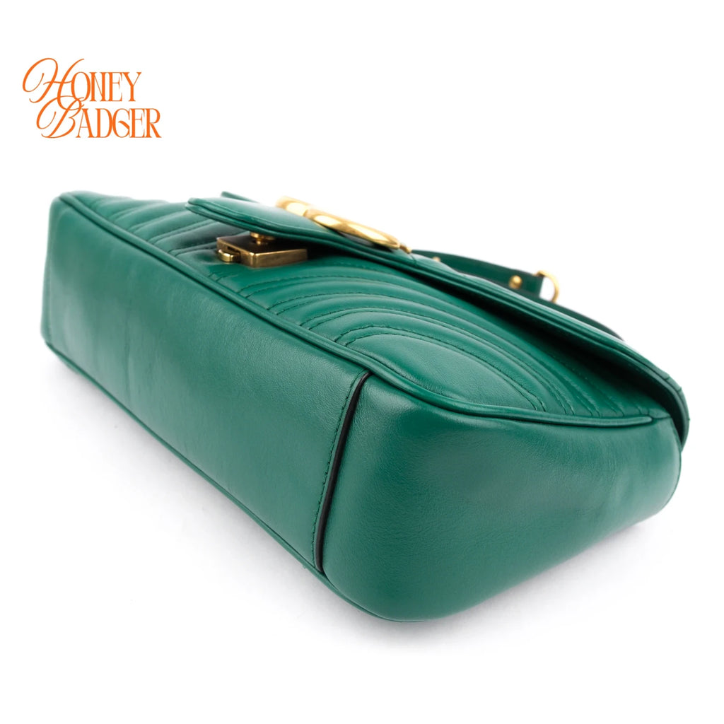 Gucci GG Marmont Small Matelassé Leather Green Antique Gold Hardware Rank A