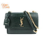 Saint Laurent Sunset Medium Croc-Embossed Leather Green Gold Hardware Rank A