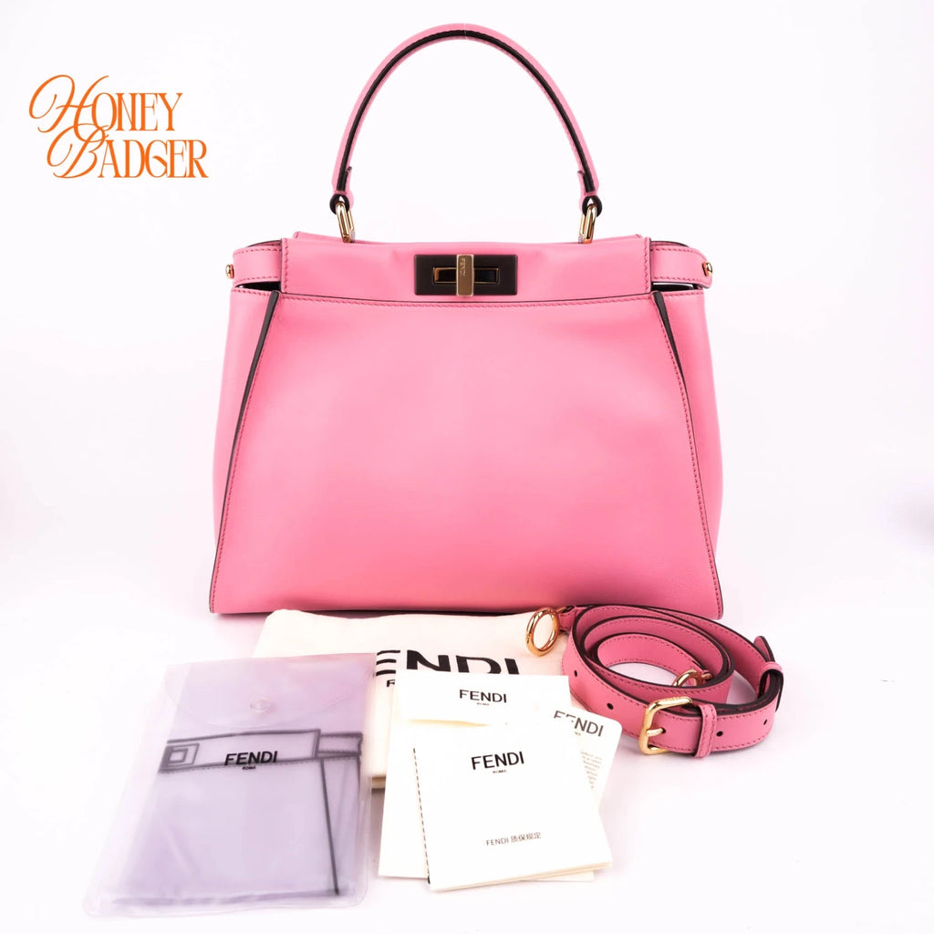 Fendi Peekaboo Regular Calfskin Leather Pink Gold Hardware Rank A