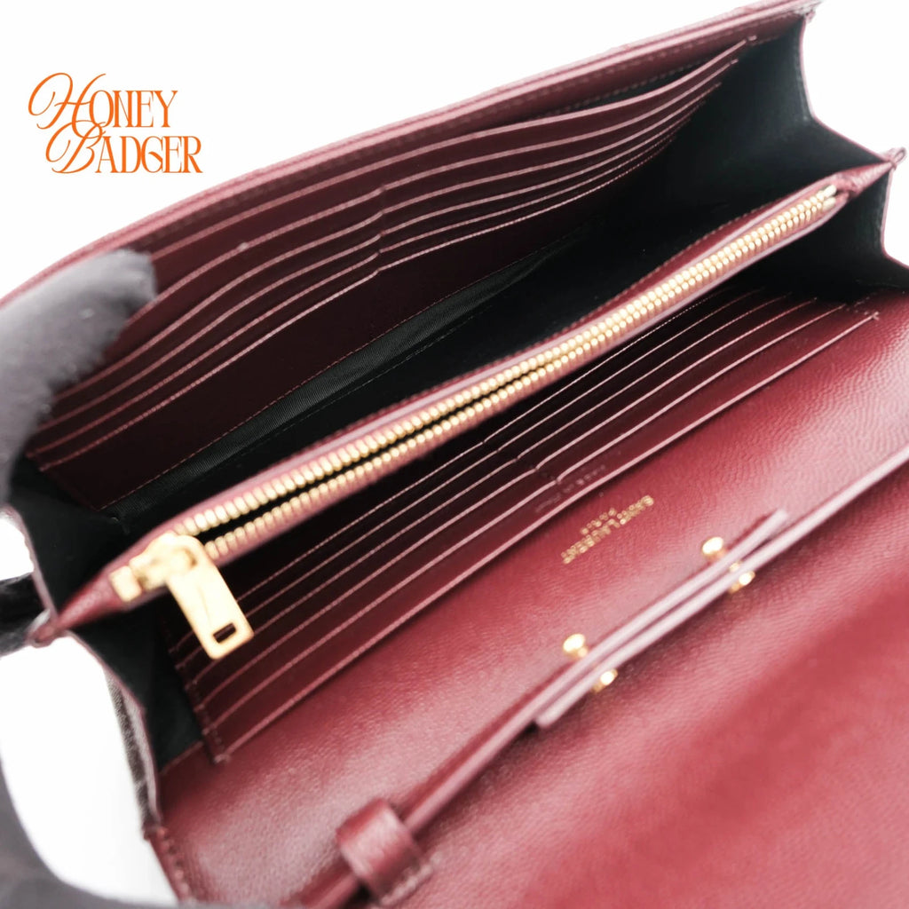 Saint Laurent Envelope Large Chain Wallet Caviar Leather Bordeaux Gold Hardware Rank A