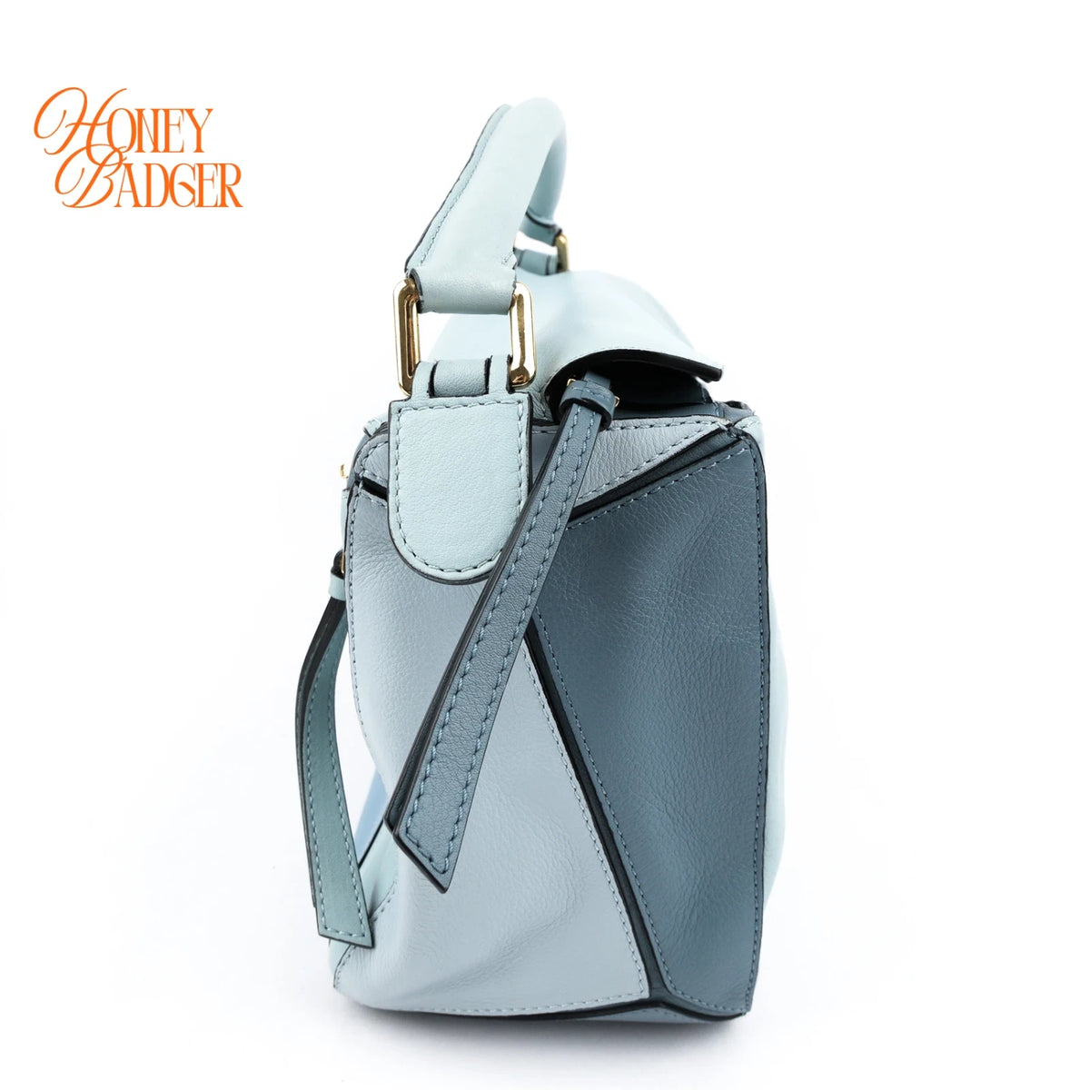 Loewe Puzzle Bag Medium Classic Calfskin Aqua Light Blue Stone Blue Gold Hardware Rank AB