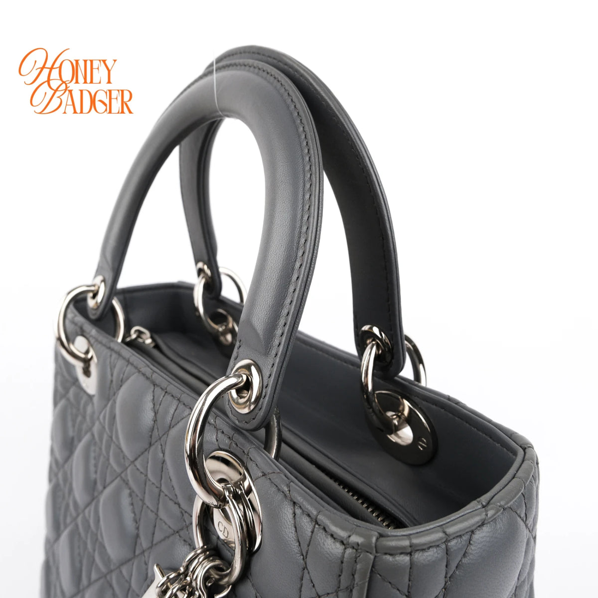 Dior Lady Dior Medium Grey Cannage Leather 2-Way Bag Rank AB