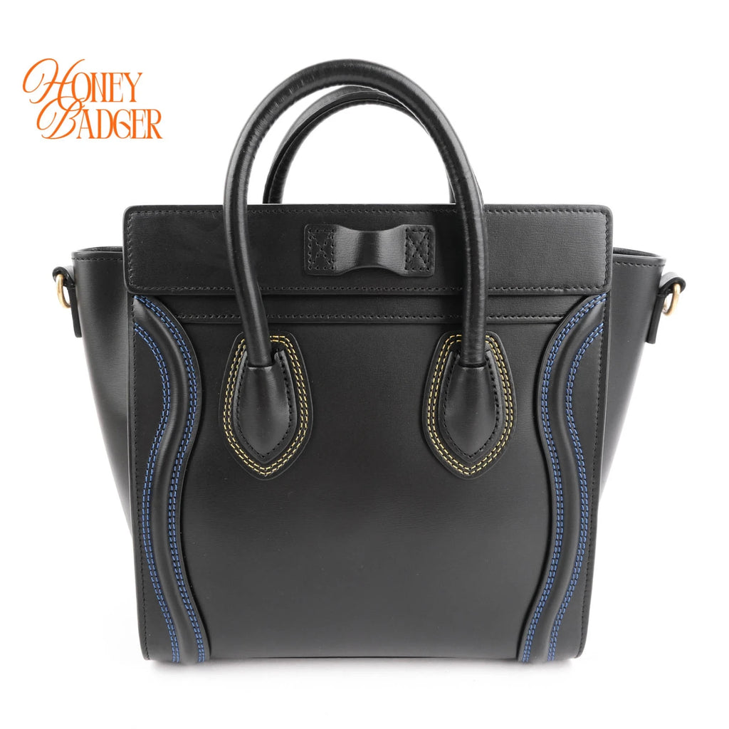 Celine Luggage Nano Black Smooth Leather Multicolor Stitch Rank A